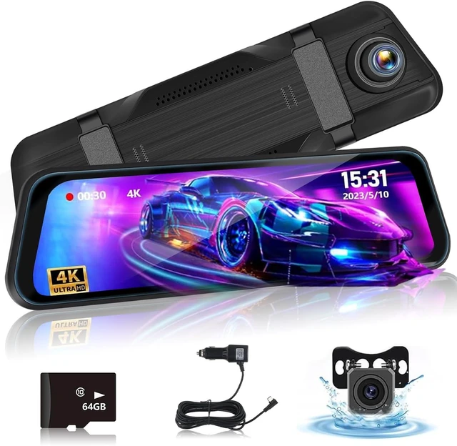 Main image of 9.66 Inch Rear View Mirror Camera - 4K Mirror Dash Cam Front and Rear with 1080P Rear Camera - Full Touch Screen Mirror Camera for Car with WiFi&APP Control Parking Monitor Night Vision + 64GB Card