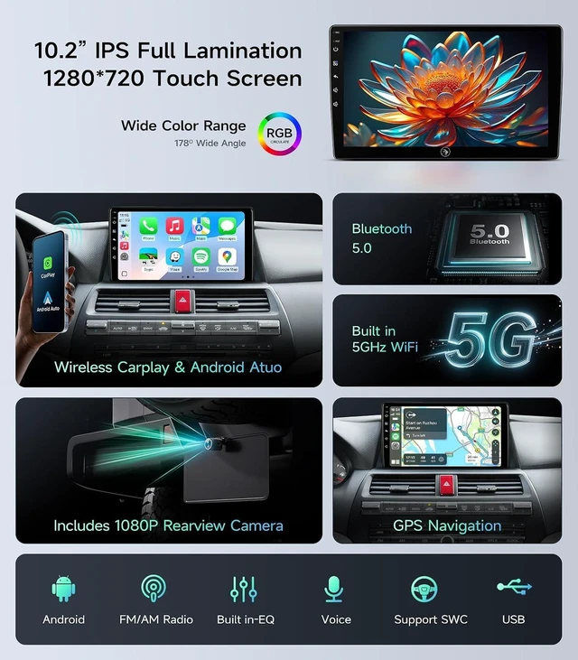 Alt view image 3 of 7 - Car Radio Stereo for Honda Accord 2008-2012, Wireless CarPlay Android Auto