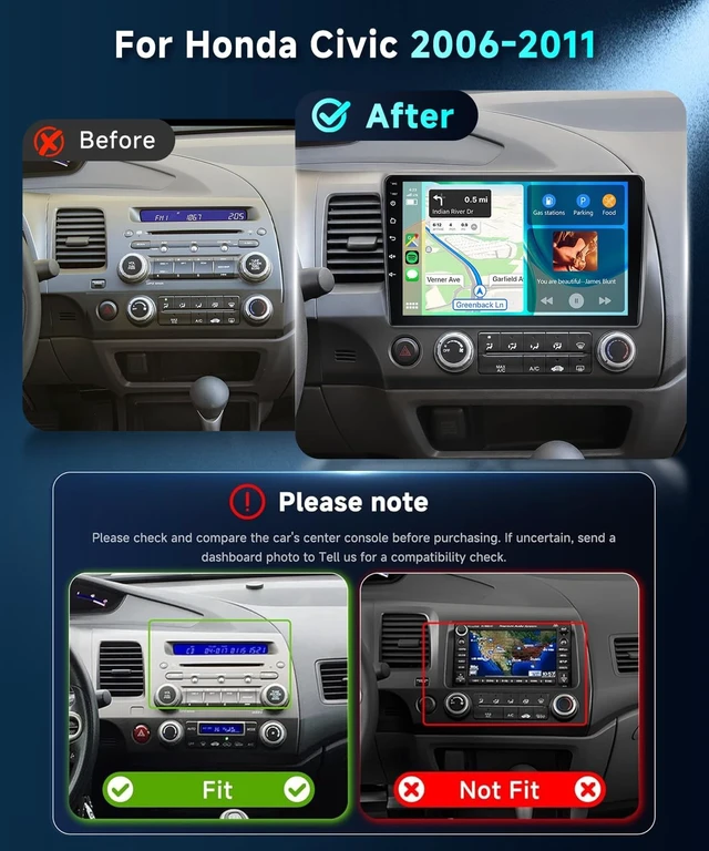 Alt view image 2 of 7 - Car Radio for Honda Civic 2006-2011 with Wireless CarPlay Android Auto