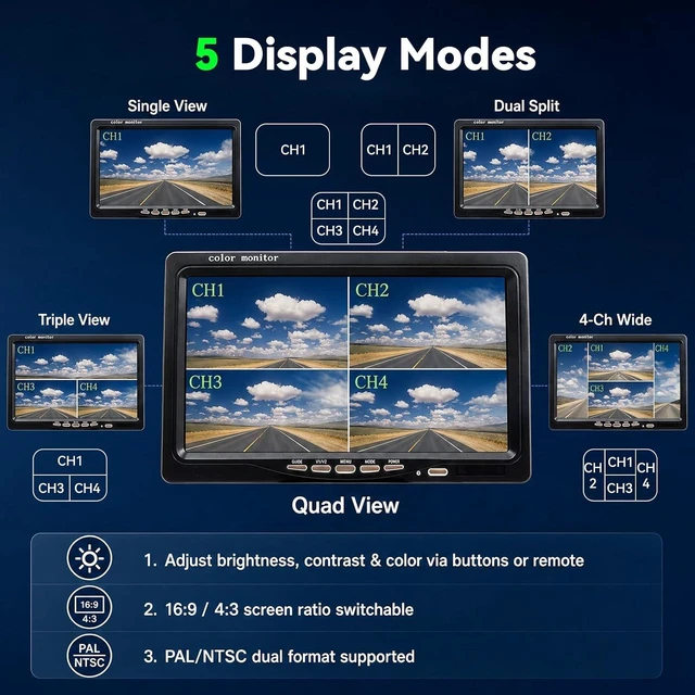 Alt view image 3 of 7 - Camecho Vehicle Backup Camera 4 Split Monitor Front View Rear View Camera Auto 18 IR Night Vision Waterproof Aviation 4 Pins Connector LCD Monitor for Trucks RV Trailer Bus