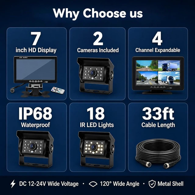 Alt view image 7 of 7 - Camecho Vehicle Backup Camera 4 Split Monitor Front View Rear View Camera Auto 18 IR Night Vision Waterproof Aviation 4 Pins Connector LCD Monitor for Trucks RV Trailer Bus