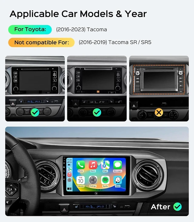 Alt view image 2 of 7 - 64G Car Radio Stereo for Toyota Tacoma 2016 2017 2018 2019 2020 2021 2022, CarPlay & Android Auto Head Unit, 9" Touchscreen/GPS Navigation/HD Backup Camera/SWC