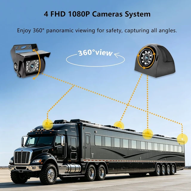Alt view image 2 of 7 - 9'' RV Camera System for RV Semi-Truck Trailer Camper, 4 Split Screen Quad View HD DVR Recording Monitor + IP69K Waterproof Night Vision Rear & Side View Backup Camera to Eliminate Blind Spots