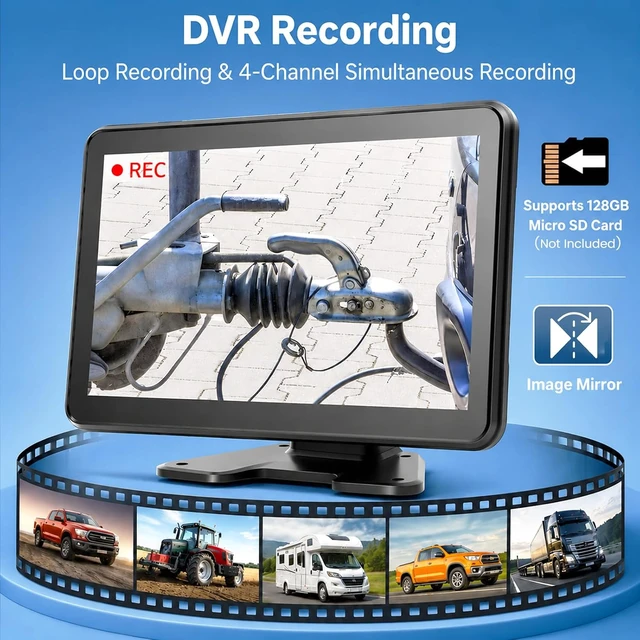 Alt view image 4 of 7 - 10.1" 1080P Wired Backup Camera System for Truck/RV, HD Touchscreen Quad Split Monitor, AHD 4 Side/Rear Cameras, DVR Recording Waterproof IR Night Vision for Semi Truck/Trailer/Tractor/Bus