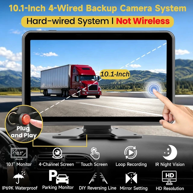 Alt view image 3 of 7 - 10.1" 1080P Wired Backup Camera System for Truck/RV, HD Touchscreen Quad Split Monitor, AHD 4 Side/Rear Cameras, DVR Recording Waterproof IR Night Vision for Semi Truck/Trailer/Tractor/Bus