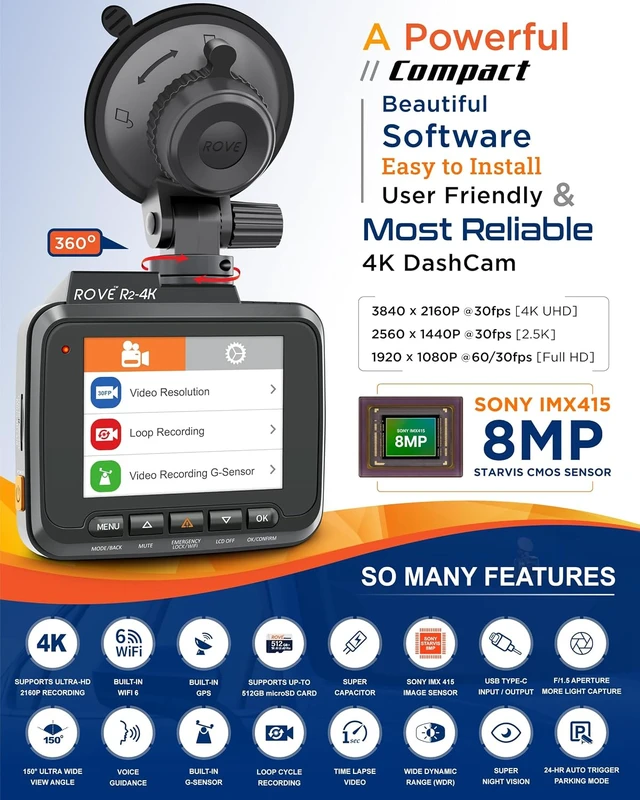 Alt view image 2 of 7 - ROVE R2-4K Dash Cam, 4K UHD 2160P Car Camera, 8MP Sensor, WiFi 6 and GPS