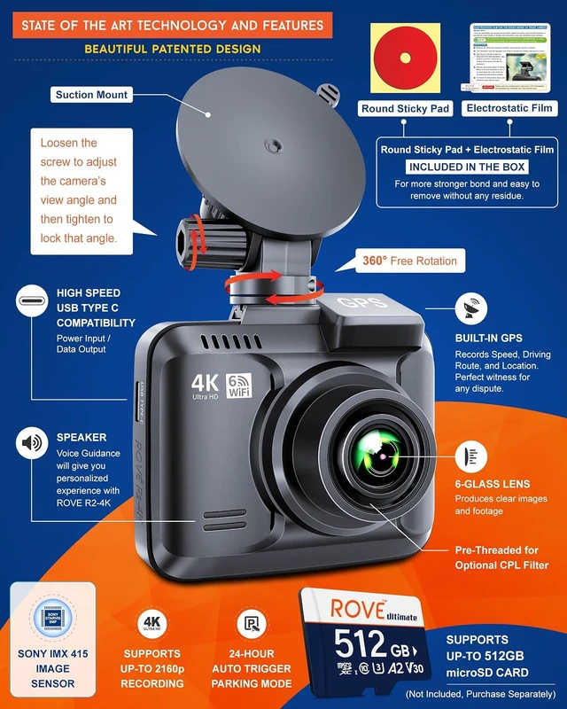 Alt view image 3 of 7 - ROVE R2-4K Dash Cam, 4K UHD 2160P Car Camera, 8MP Sensor, WiFi 6 and GPS