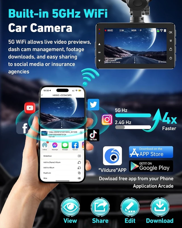 Alt view image 2 of 7 - Dual Dash Cam, 2.5K Front, 1080P Rear, 5G WiFi, 64GB Card