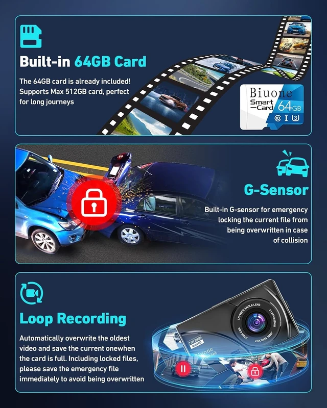 Alt view image 3 of 7 - Dual Dash Cam, 2.5K Front, 1080P Rear, 5G WiFi, 64GB Card