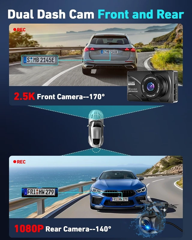 Alt view image 6 of 7 - Dual Dash Cam, 2.5K Front, 1080P Rear, 5G WiFi, 64GB Card