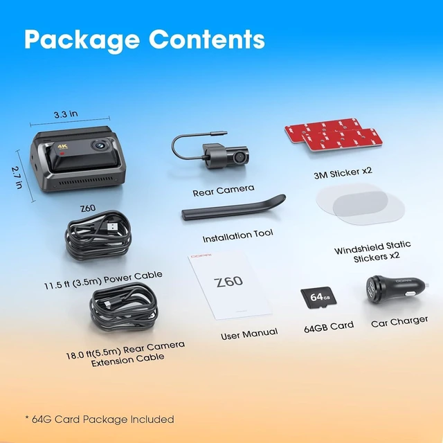 Alt view image 7 of 7 - DDPAI Z60 4K+1080P Dual Dash Cam, G-Sensor, 32GB eMMC+64GB Card