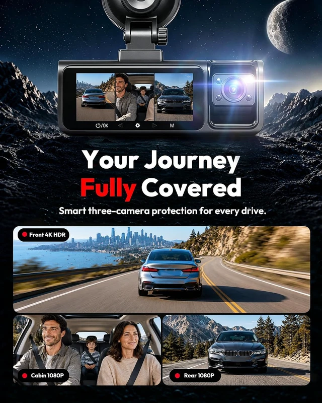 Alt view image 2 of 7 - 3 Channel 5G WiFi Dash Cam, 4K+1080P+1080P Dash Cam Front and Rear with 64GB Card, Dash Camera for Car with HDR IR Night Vision, G-Sensor, 24/7 Parking Mode, WDR, Support 128GB Max - Silver