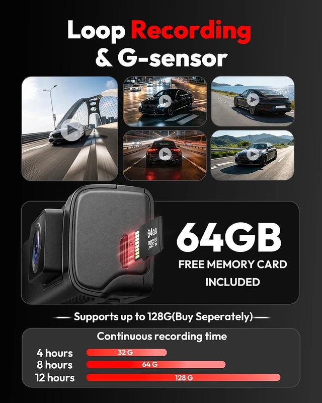 Alt view image 6 of 7 - 3 Channel 5G WiFi Dash Cam, 4K+1080P+1080P Dash Cam Front and Rear with 64GB Card, Dash Camera for Car with HDR IR Night Vision, G-Sensor, 24/7 Parking Mode, WDR, Support 128GB Max - Silver