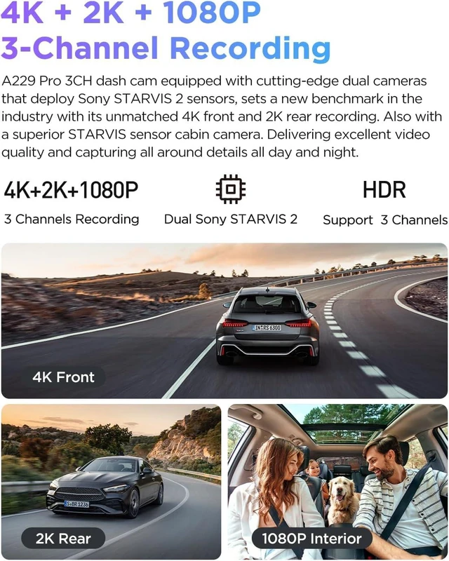 Alt view image 2 of 7 - VIOFO A229 Pro 4K 3CH Dash Cam HDR for Front & Rear & Inside with STARVIS 2