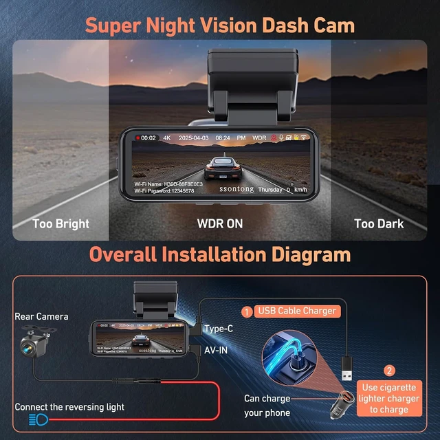 Alt view image 6 of 7 - Dash Cam Front and Rear, 4K GPS 5.8G WiFi ADAS Dashcam,3.2" IPS Screen 32GB