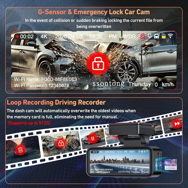 Alt view image 7 of 7 - Dash Cam Front and Rear, 4K GPS 5.8G WiFi ADAS Dashcam,3.2" IPS Screen 32GB