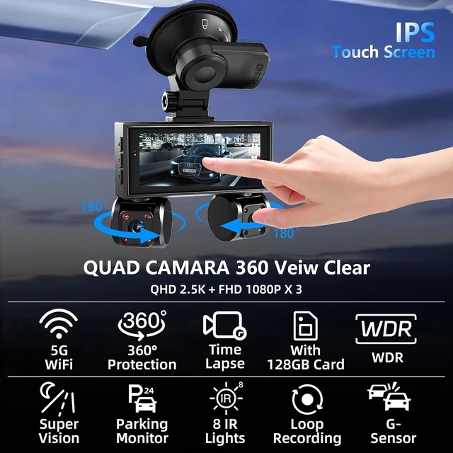Alt view image 2 of 7 - 4 Channel Dash Cam Front and Rear Inside Left Right Car Dash Camera 360 View, 2.5K QHD Car Camera Supper Night Vision, 5G WiFi 3.16 IPS Touch Screen, G-Sensor,24H Parking Mode Free128G Card 256G Max