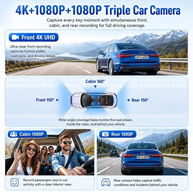 Alt view image 2 of 7 - 3 Channel Mirror Dash Cam, 9.66" Mirror 4K Front 1080P Inside and Rear WiFi