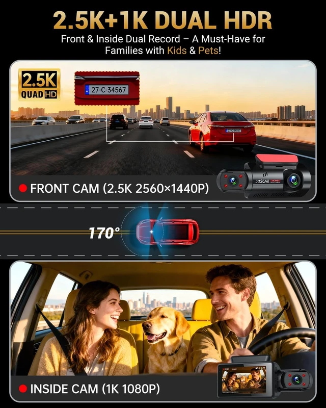 Alt view image 4 of 7 - 2.5K+1K Dual Dash Cam Front and Inside with GPS WiFi, 32GB Card, 24Hr Park