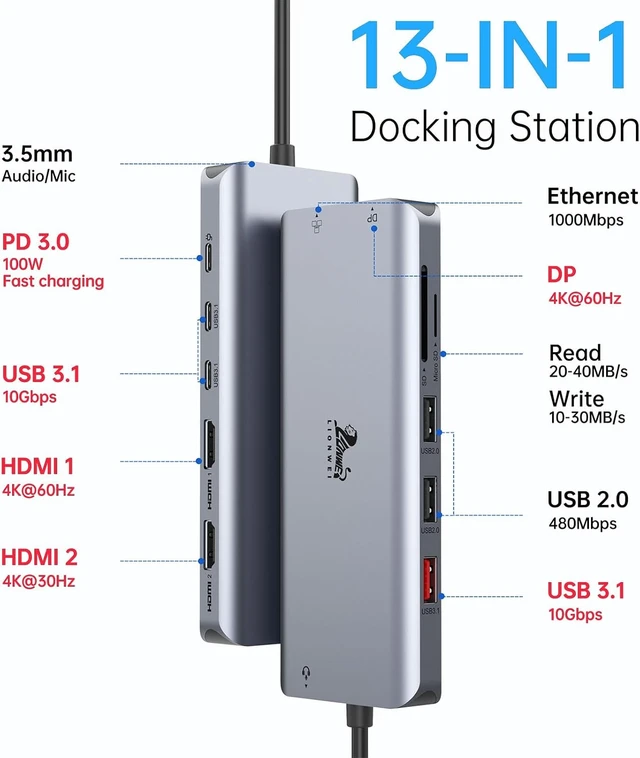 Alt view image 2 of 7 - LIONWEI Docking Station Dual Monitor 4K, 13-in-1 USB C Dock for Laptop Mac