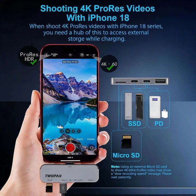 Alt view image 2 of 7 - TWOPAN USB C iPhone Hub for ProRes Video Recording - Ultra-Slim Aluminum USB 3.2, Dual USB-C, Micro SD, and Charging Port Hub for iPhone 18/17/16/15 Pro/Pro Max