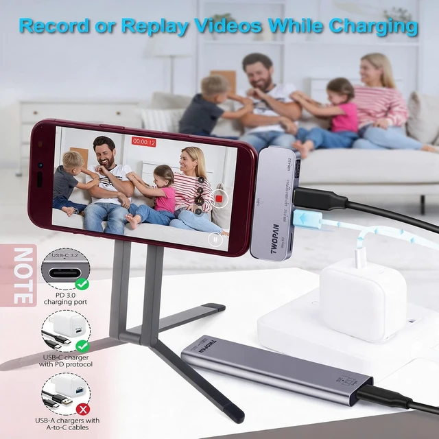 Alt view image 3 of 7 - TWOPAN USB C iPhone Hub for ProRes Video Recording - Ultra-Slim Aluminum USB 3.2, Dual USB-C, Micro SD, and Charging Port Hub for iPhone 18/17/16/15 Pro/Pro Max