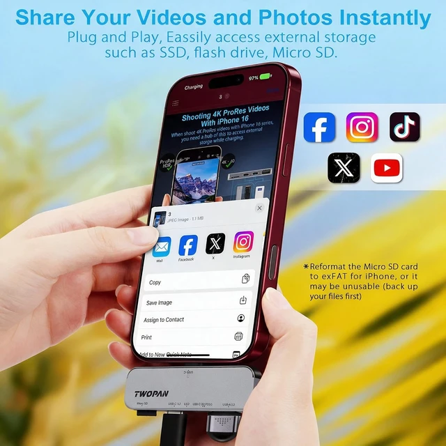 Alt view image 4 of 7 - TWOPAN USB C iPhone Hub for ProRes Video Recording - Ultra-Slim Aluminum USB 3.2, Dual USB-C, Micro SD, and Charging Port Hub for iPhone 18/17/16/15 Pro/Pro Max