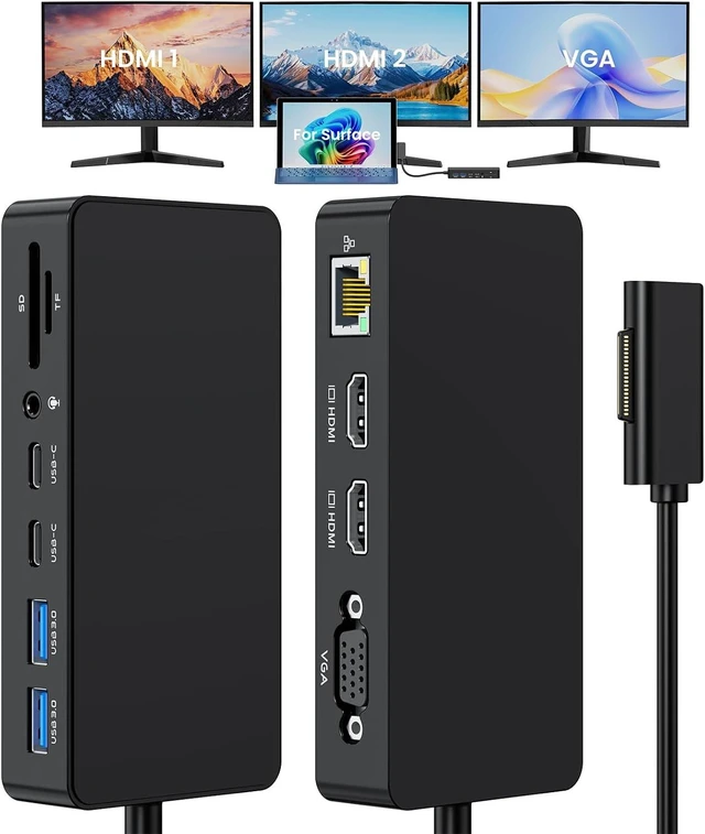 Main image of Surface Docking Station Triple Displays Dual 4K HDMI + VGA with Power Adapter, 12 in 1 Surface Dock for Surface Pro 12/11/10/9/8/X/7/6/5/4/3, Surface Laptop 7/6/5/4/3/2/1, Surface Book Go Dock