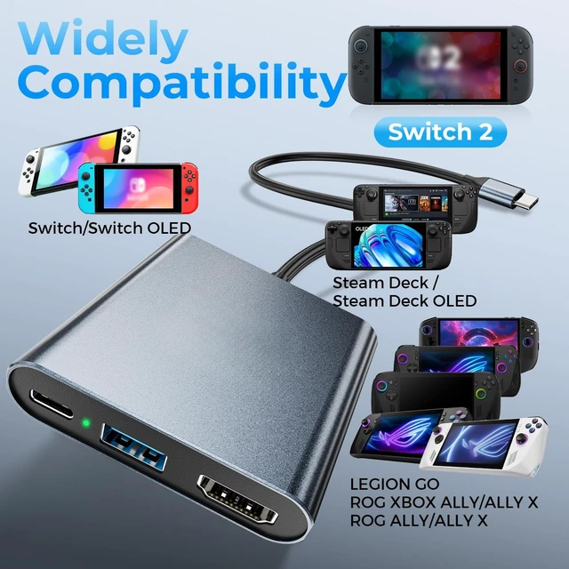 Alt view image 7 of 7 - Switch 2 Dock,Portable USB C Docking Station with 4K@60Hz~120Hz HDR/PD Max 100W/1000M Ethernet/2 USB 3.0 Port,Aluminum Alloy Travel TV Dock for Switch/Steam Deck/ROG Xbox Ally X/Legion Go 1/2/S