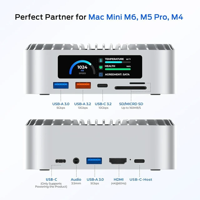 Alt view image 2 of 7 - RayCue All-in-One Dock for Mac mini M6, M5 Pro, M4 with Smart Displays, NVMe/SATA SSD Enclosure, 4K60Hz HDMI, 10G USB-A/C, 5G USB-A*2, USB-C Charging, SD/TF, Audio Mac mini M4 HUB &Docking Station