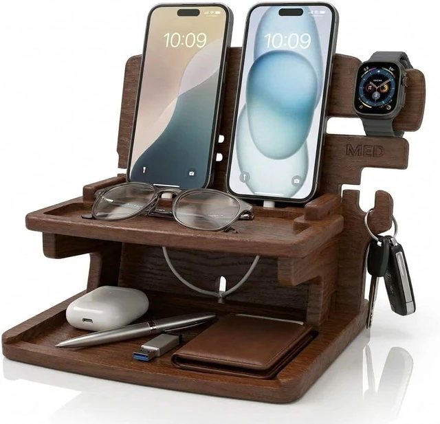 Main image of MED Wood Phone Docking Station for Men - Desk or Nightstand Organizer - Birthday Gifts for Husband, Dad - Anniversary Idea from Wife - Key Holder, Stand Wallet, Watch & Essentials (Dark Walnut)