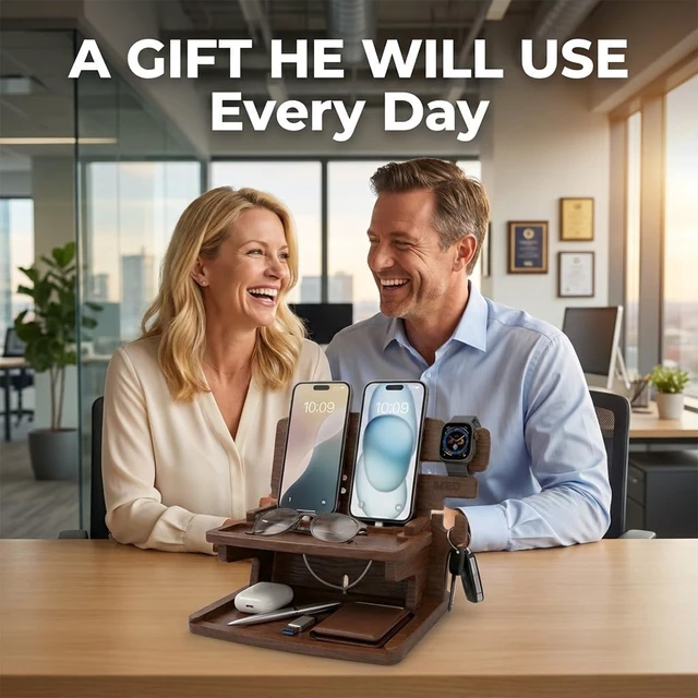 Alt view image 2 of 7 - MED Wood Phone Docking Station for Men - Desk or Nightstand Organizer - Birthday Gifts for Husband, Dad - Anniversary Idea from Wife - Key Holder, Stand Wallet, Watch & Essentials (Dark Walnut)