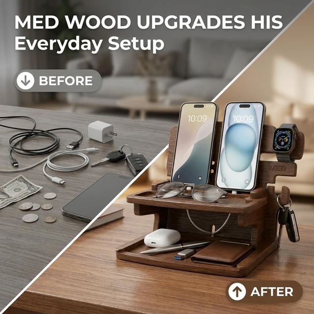 Alt view image 3 of 7 - MED Wood Phone Docking Station for Men - Desk or Nightstand Organizer - Birthday Gifts for Husband, Dad - Anniversary Idea from Wife - Key Holder, Stand Wallet, Watch & Essentials (Dark Walnut)