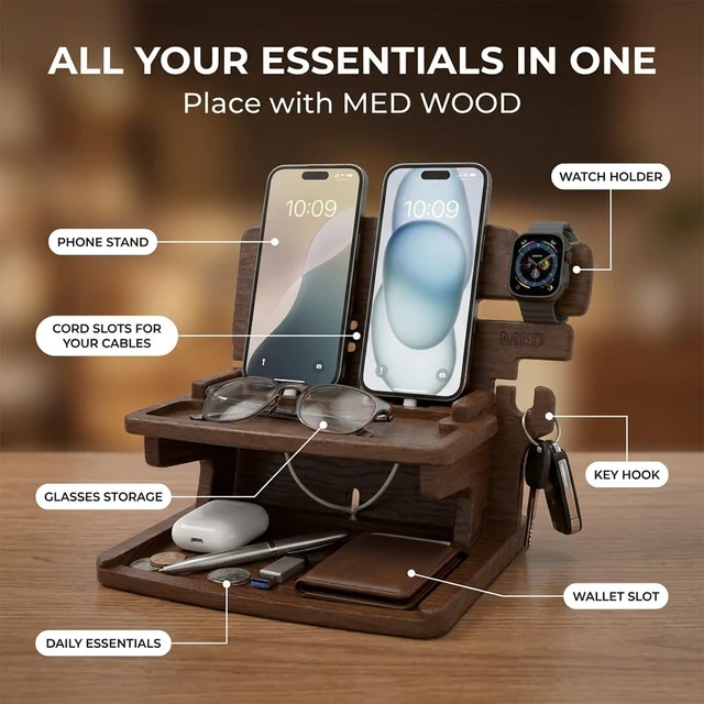 Alt view image 4 of 7 - MED Wood Phone Docking Station for Men - Desk or Nightstand Organizer - Birthday Gifts for Husband, Dad - Anniversary Idea from Wife - Key Holder, Stand Wallet, Watch & Essentials (Dark Walnut)