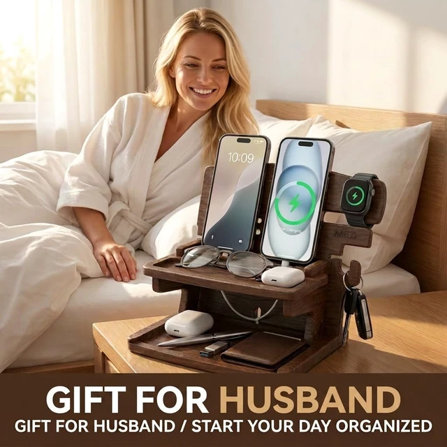 Alt view image 7 of 7 - MED Wood Phone Docking Station for Men - Desk or Nightstand Organizer - Birthday Gifts for Husband, Dad - Anniversary Idea from Wife - Key Holder, Stand Wallet, Watch & Essentials (Dark Walnut)