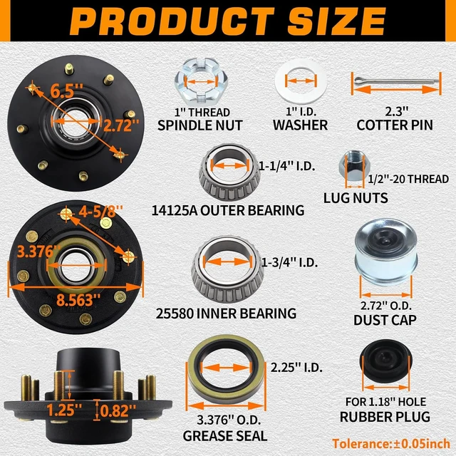 Alt view image 3 of 7 - 8 on 6.5 Trailer Hub Kit for 7000lb 1.25'' to 1.75'' Tapered Axle