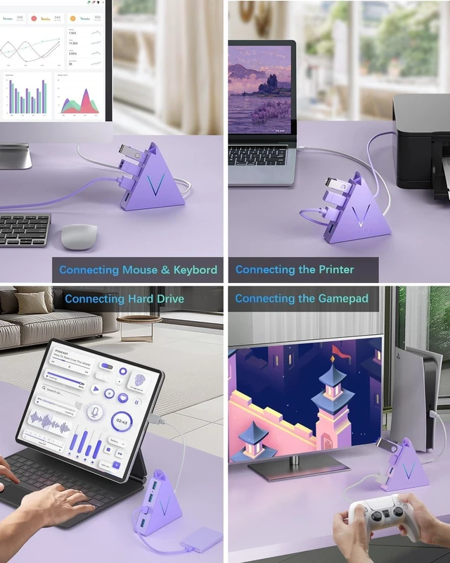 Alt view image 2 of 7 - 4-Port USB 3.0 Hub Tower with 2ft Cable - USB Splitter for Laptop,PC,PS4,PS5,Xbox,Mouse,Keyboard,Hard Drives,Mobile HDD(Light Purple)
