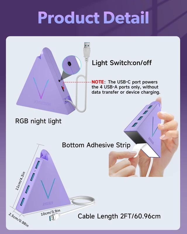 Alt view image 3 of 7 - 4-Port USB 3.0 Hub Tower with 2ft Cable - USB Splitter for Laptop,PC,PS4,PS5,Xbox,Mouse,Keyboard,Hard Drives,Mobile HDD(Light Purple)