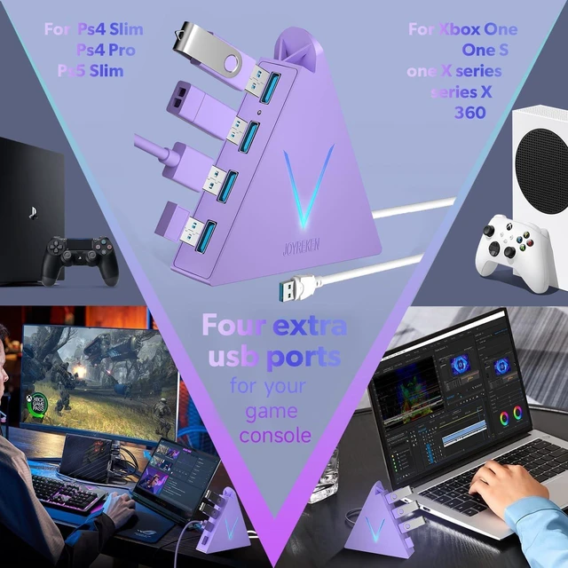 Alt view image 7 of 7 - 4-Port USB 3.0 Hub Tower with 2ft Cable - USB Splitter for Laptop,PC,PS4,PS5,Xbox,Mouse,Keyboard,Hard Drives,Mobile HDD(Light Purple)