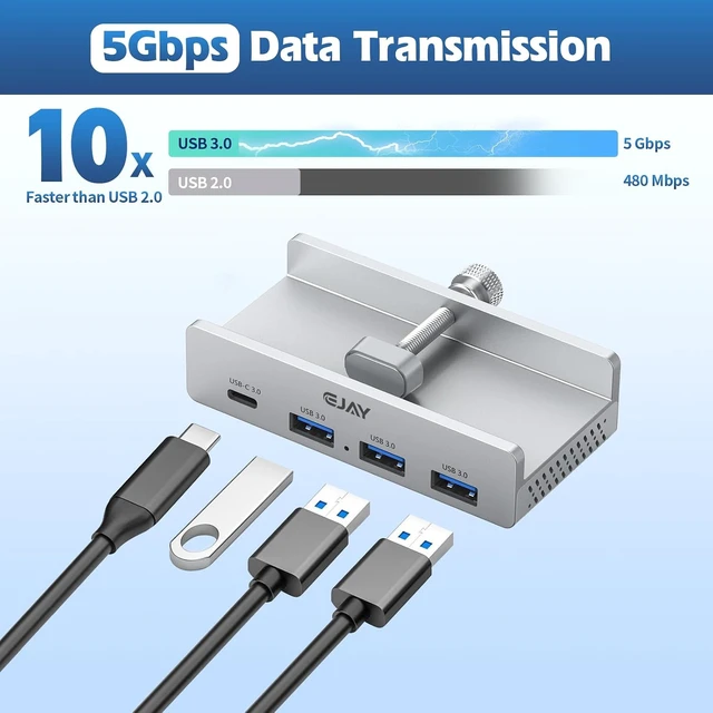 Alt view image 5 of 7 - EJAY Aluminum Clamp USB Hub for Desk