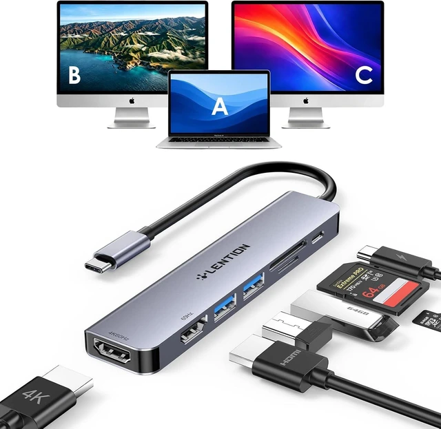 Main image of LENTION Dual HDMI MST USB C Hub, 4K@60Hz, 100W PD, 2 USB 3.0, Card Reader
