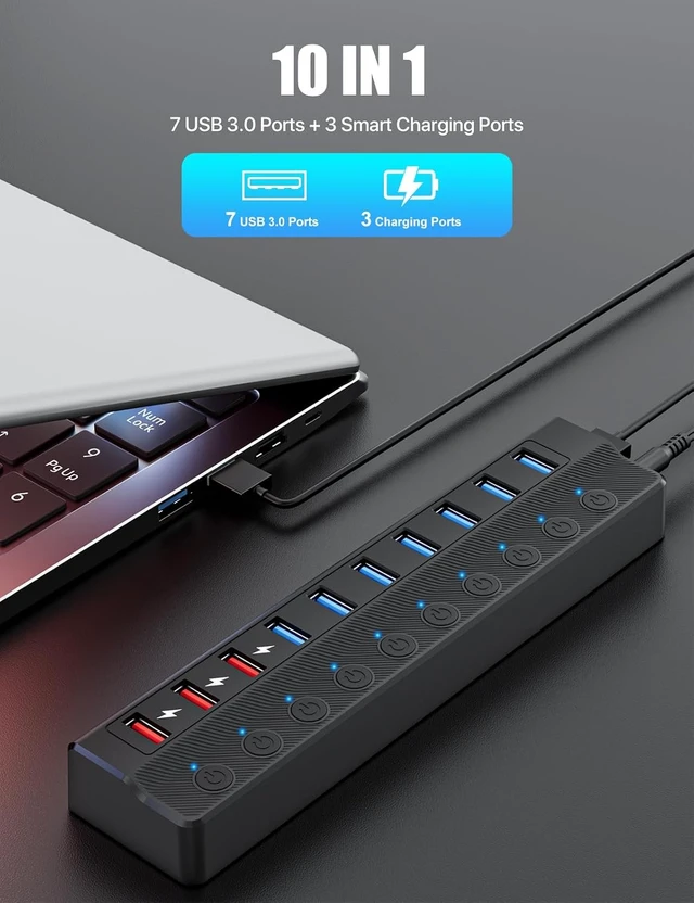 Alt view image 2 of 7 - ONFINIO Powered USB Hub, 10-Port USB Splitter Hub