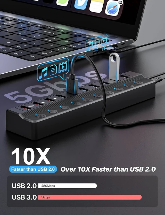 Alt view image 3 of 7 - ONFINIO Powered USB Hub, 10-Port USB Splitter Hub