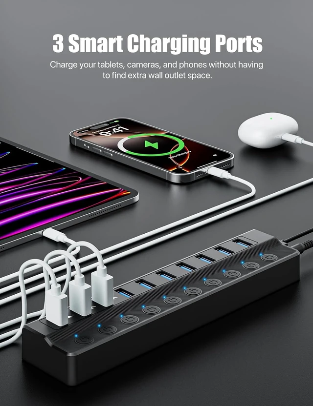 Alt view image 4 of 7 - ONFINIO Powered USB Hub, 10-Port USB Splitter Hub