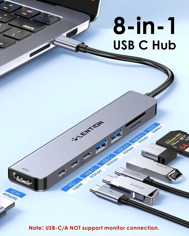 Alt view image 2 of 7 - LENTION USB-C Hub, 4K@60Hz HDMI, 100W PD, 2 USB-C, 2 USB 3.0, Card Reader