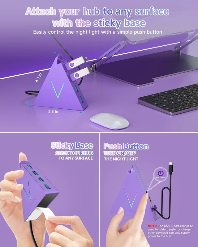 Alt view image 4 of 7 - USB C Hub,USB Hub Tower with 2FT Extended Cable,Type C to USB 3.0 4-Port Splitter Adapter for MacBook, iMac, Laptop, Surface, XPS, Flash Drive, Keyboard, Mouse, HDD (2ft, Dark Purple