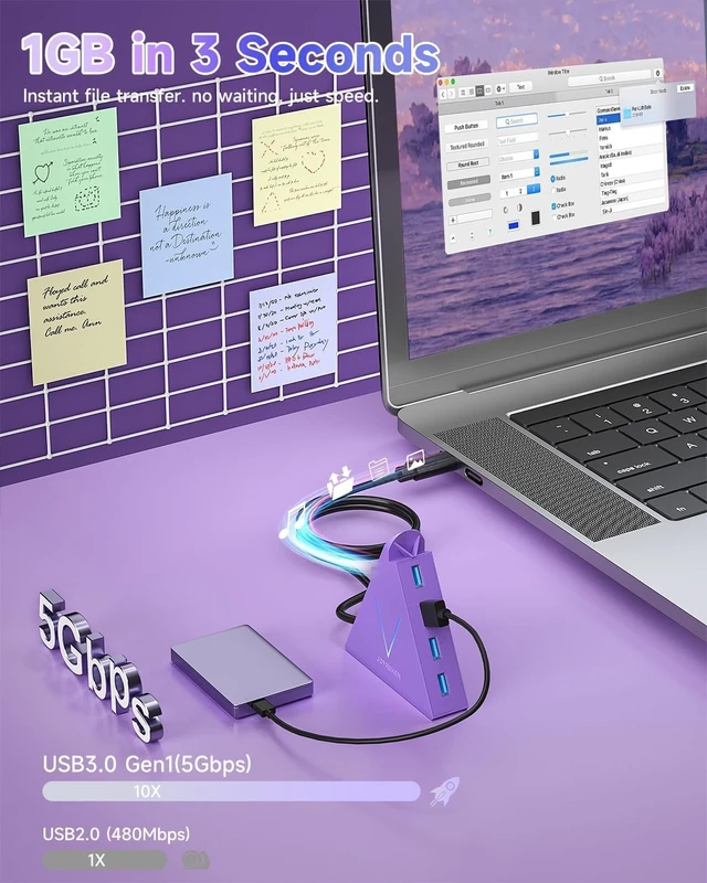 Alt view image 2 of 7 - USB C Hub,USB Hub Tower with 2FT Extended Cable,Type C to USB 3.0 4-Port Splitter Adapter for MacBook, iMac, Laptop, Surface, XPS, Flash Drive, Keyboard, Mouse, HDD (2ft, Dark Purple