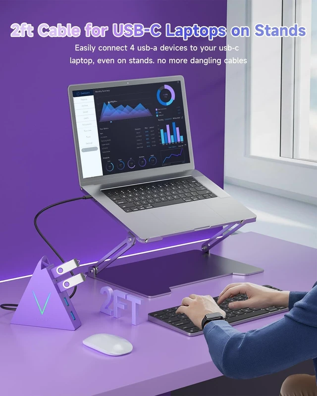 Alt view image 5 of 7 - USB C Hub,USB Hub Tower with 2FT Extended Cable,Type C to USB 3.0 4-Port Splitter Adapter for MacBook, iMac, Laptop, Surface, XPS, Flash Drive, Keyboard, Mouse, HDD (2ft, Dark Purple