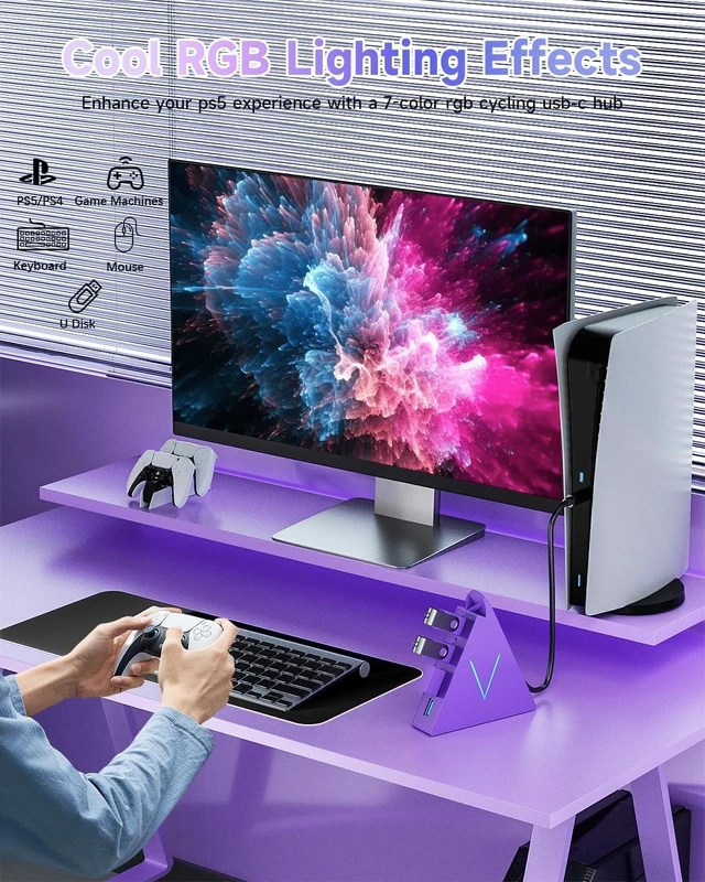 Alt view image 7 of 7 - USB C Hub,USB Hub Tower with 2FT Extended Cable,Type C to USB 3.0 4-Port Splitter Adapter for MacBook, iMac, Laptop, Surface, XPS, Flash Drive, Keyboard, Mouse, HDD (2ft, Dark Purple