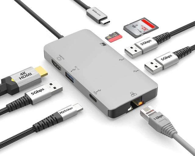 Main image of USB C Hub Docking Station 8 in 1 with 4K HDMI, 1 Gbit Ethernet, 3 USB A 3.0 Ports, 1 USB-C PD/Data, SD/Micro SD for Work and Travel, Compatible with MacBook/Dell/HP/Lenovo/Laptops